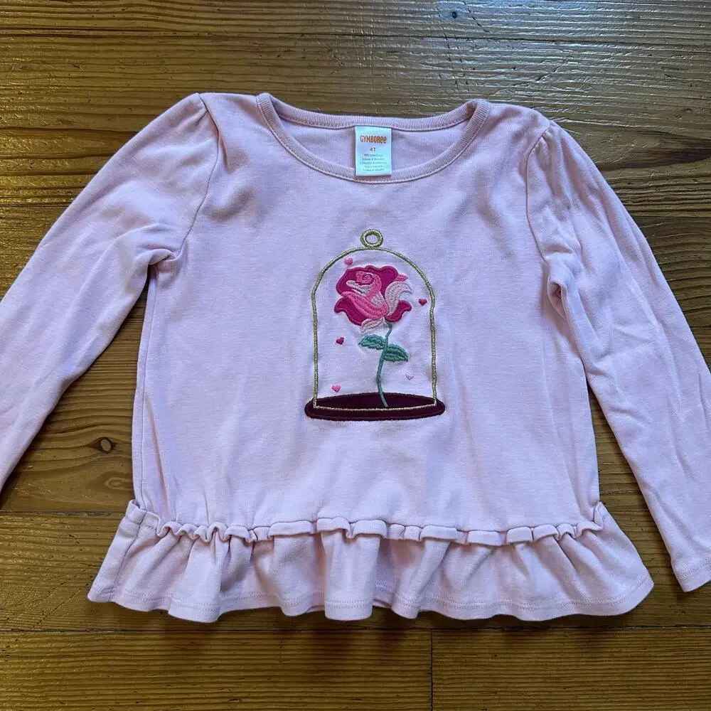 Gymboree Beauty and the Beast Rose pink long sleeve‎ ruffle bottom shirt SIZE 4T